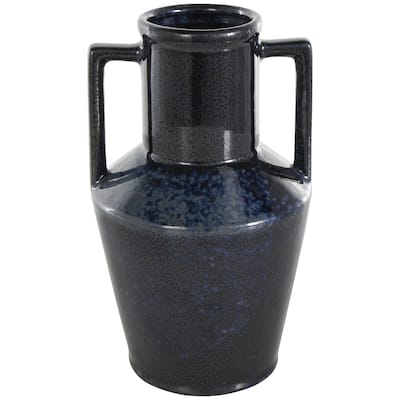 Ceramic Ombre Textured Decorative Vase with Rectangular Handles - Dark Blue - Roche River Decor