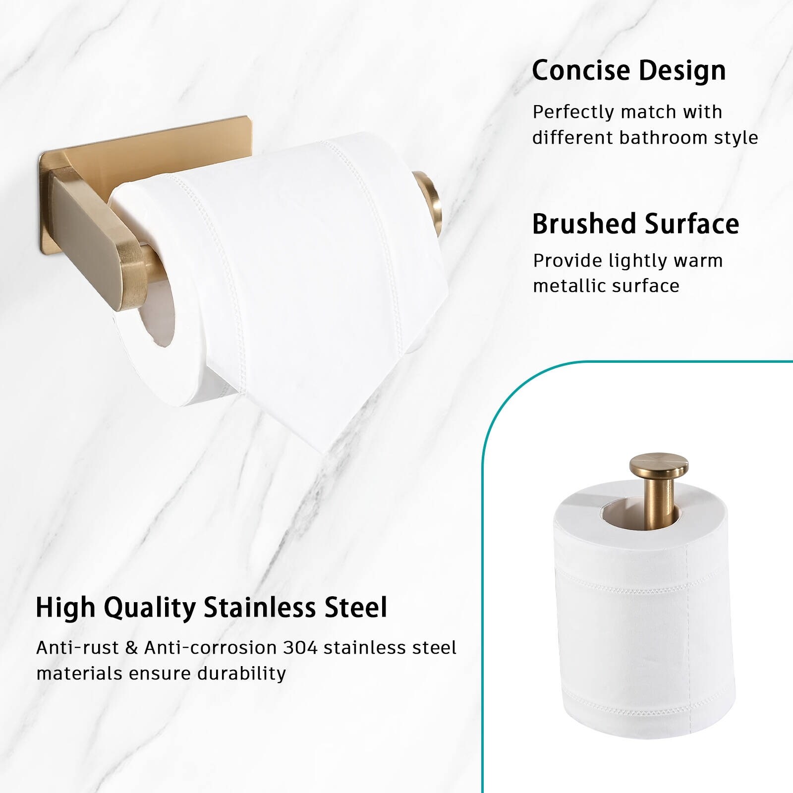 Toilet Paper Holder SUS 304 Brushed Gold 3M Self Adhesive Roll Holder Rack