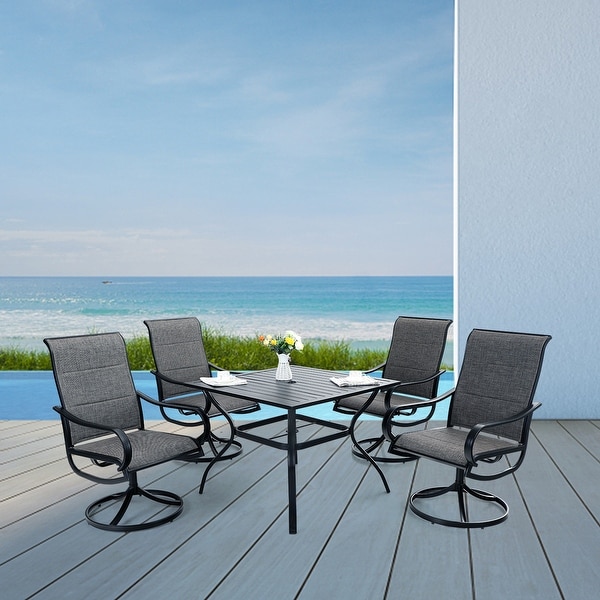 MFSTUDIO 5-Piece Patio Dining Set with 4 Padded Textilene Swivel Chairs and 37" Steel Frame Slat Square Table with Umbrella Hole. Opens flyout.