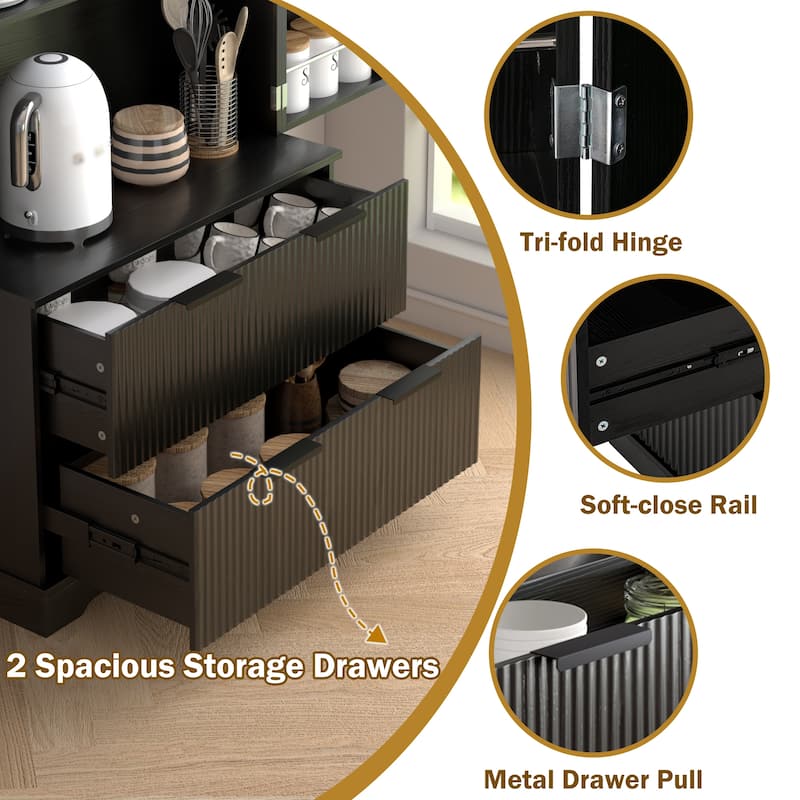Fluted Kitchen Pantry Cabinet, 2 Doors Freestanding Kitchen Storage Cabinet with 2 Drawers, 8 Spice Racks & Adjustable Shelves