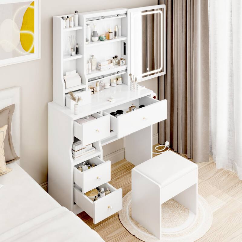 Left Drawer Makeup Vanity with LED Mirror and USB Power Station and Cushioned Stool