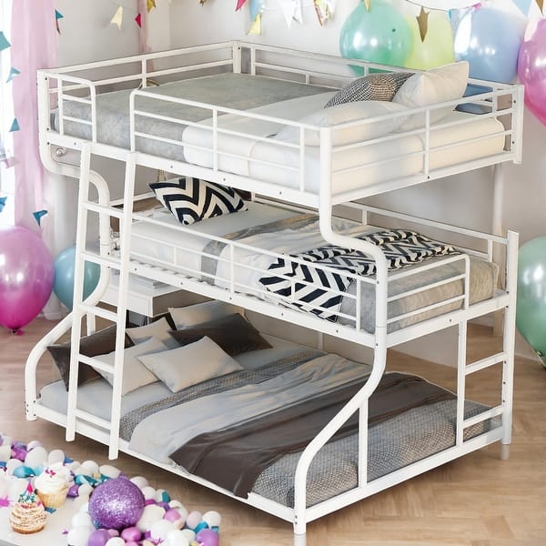 slide 2 of 12, Full XL Over Twin XL Over Queen Size Triple Bunk Bed With Ladder for Home White