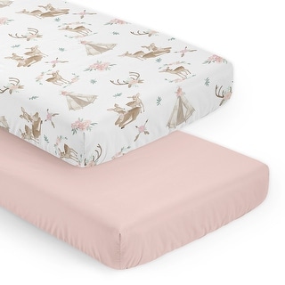 Sweet Jojo Designs Woodland Deer Floral Girl 2 Pack Fitted Crib Sheets Pink Boho Bohemian Watercolor Forest Animal Shabby Chic