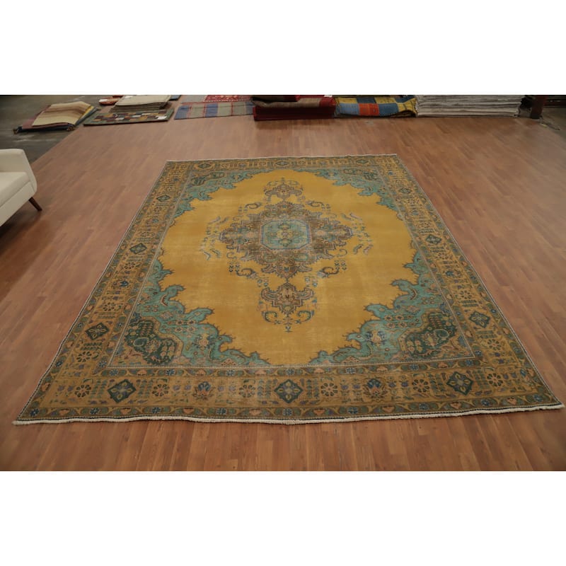 Hand Knotted Oriental 100% Wool Carpet Traditional Floral Yellow & Gold Tabriz Area Rug - 12' 5'' X 9' 8''