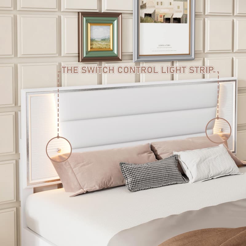 PU Upholstered Bed with LED Light Strips and Sparkling Shiny Headboard