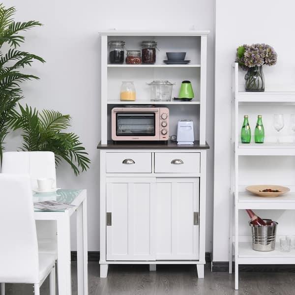 Homcom Freestanding Kitchen Pantry Cabinet Cupboard With Sliding Doors And Open Shelves Adjustable Shelving Black Overstock 32270011 Black Wood Grain