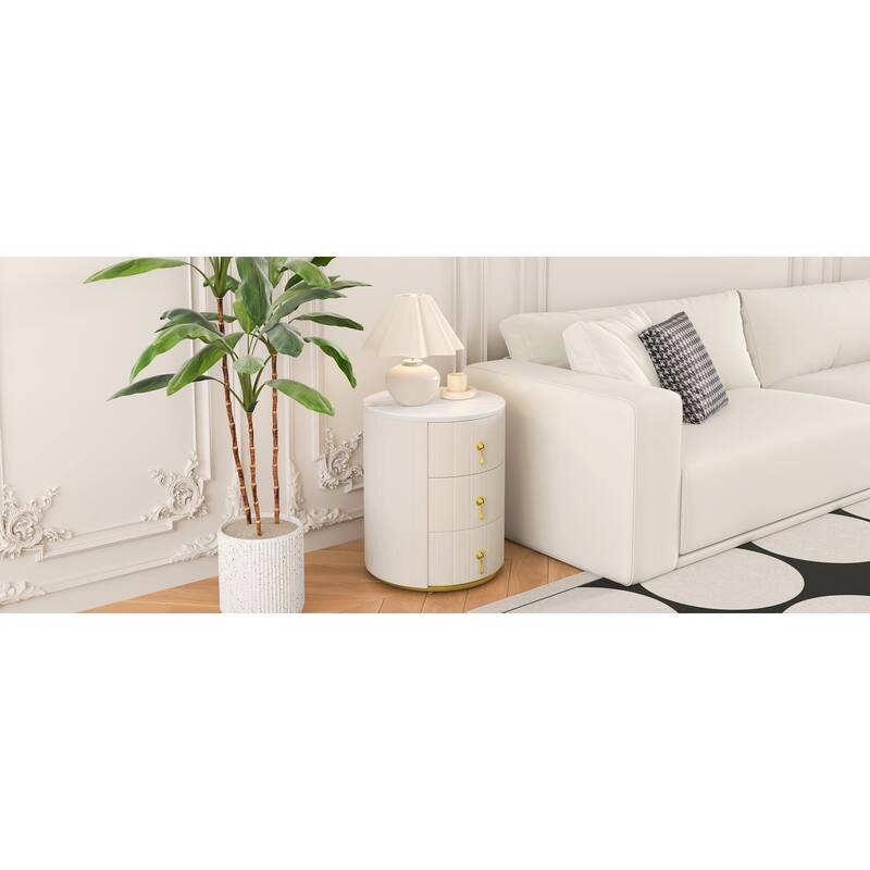 Upholstered 3-Drawer Nightstand - Round Marbling Top Bedside Table (Fully Assembled Except Handles, Beige)