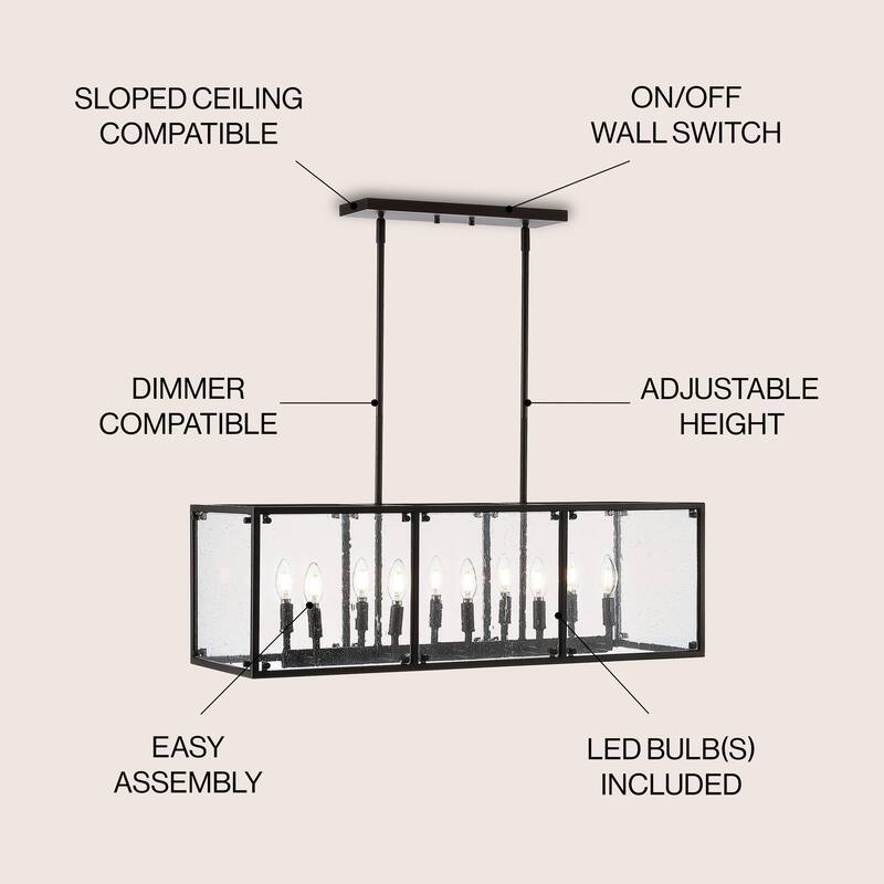 Atelier 35" Linear 10-Light Adjustable Iron/Seeded Glass Rustic Farmhouse LED Pendant, Oil Rubbed Bronze by JONATHAN Y