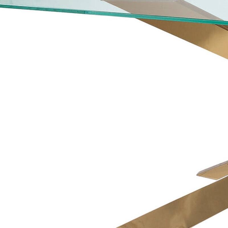 HomeRoots 87" Clear and Gold Glass and Metal Cross Leg Base Dining Table - 87.00 in. x 30.00 in. x 39.50 in.