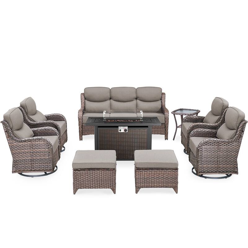 Gymojoy 9-Piece Wicker Patio Furniture Sofa Set with Fire Pit Table, 6-Inch Thick Cushion Swivel Glider Chairs & Ottomans