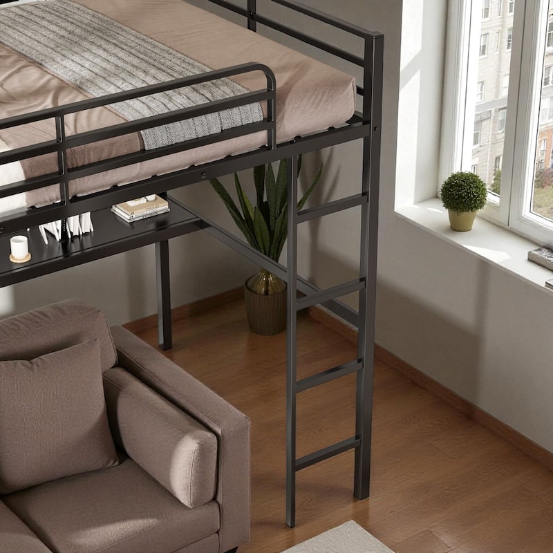 Full Size Metal Loft Bed with L-Shaped Desk & Shelves, Heavy-Duty Frame with Guardrails & Ladder, Vintage Wood Finish
