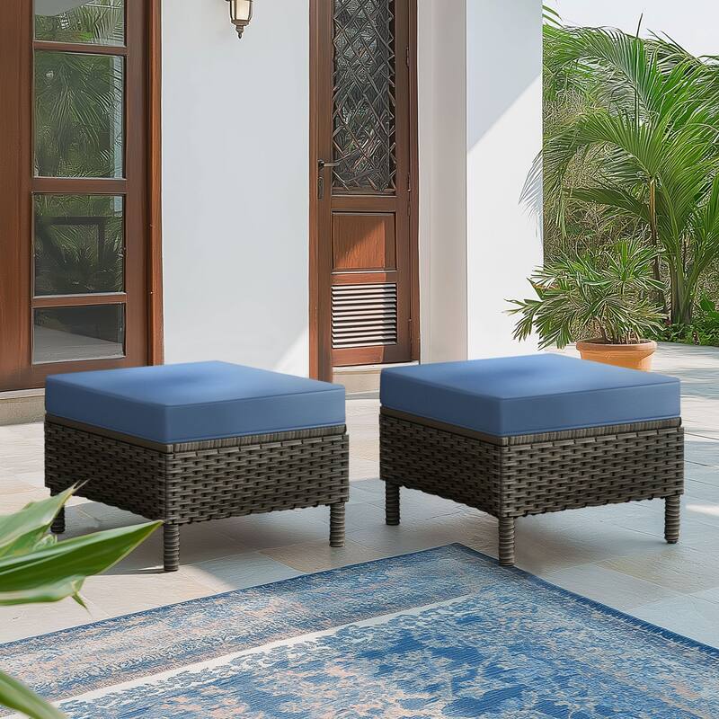 Outdoor Rattan Wicker cushioned Footstool Ottomans Set of 2 - Grey Frame - Blue/Grey