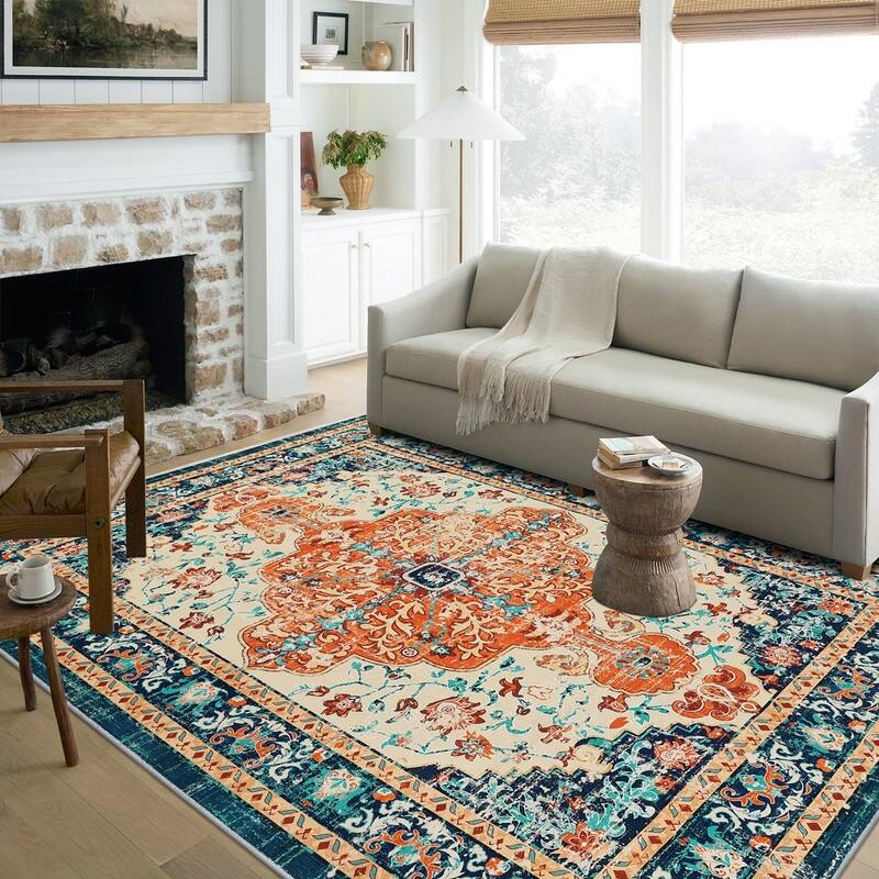 Boho Vintage Area Rug Machine Washable Low Pile Soft Floor Carpet