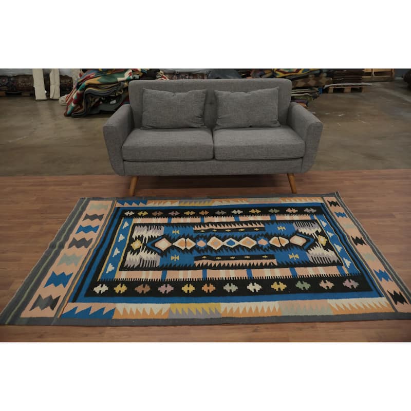 Hand Woven Oriental 100% Wool Carpet Southwestern Tribal Navy Blue & Blues Kilim Area Rug - 6' 11'' X 4' 5''
