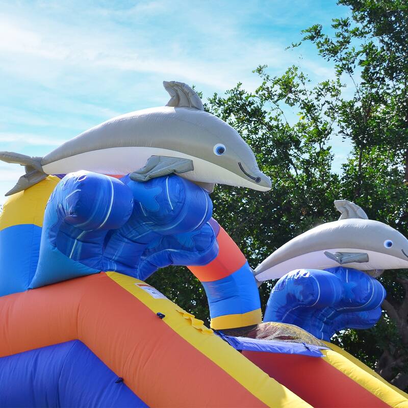JumpOrange Dolphin Splash 14 Ft Commercial Grade Inflatable Water Slide with Deep Pool (with Blower)