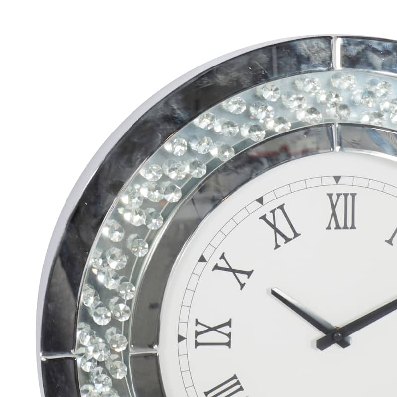 Glass Mirrored Wall Clock with Floating Crystals - White - Roche River Decor - 2"W x 20"L x 20"H