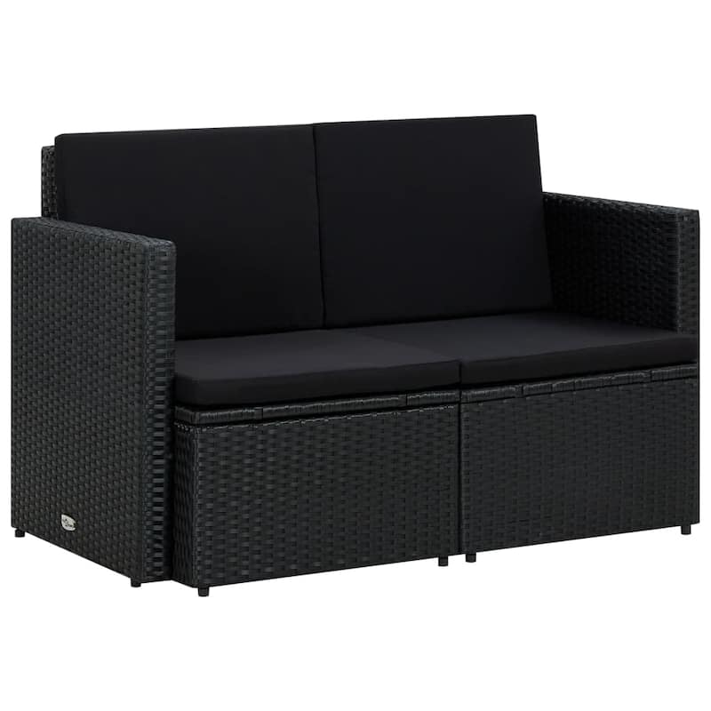 vidaXL 2 Seater Patio Sofa with Cushions Black Poly Rattan - 46.5" x 25.6" x 29.1"