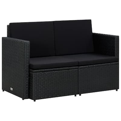 vidaXL 2 Seater Patio Sofa with Cushions Black Poly Rattan - 46.5" x 25.6" x 29.1"