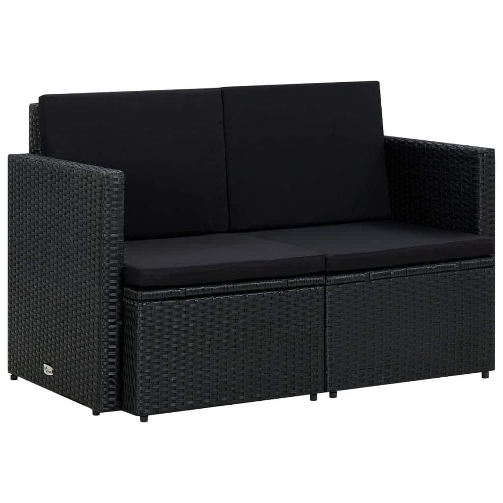 vidaXL 2 Seater Patio Sofa with Cushions Black Poly Rattan - 46.5" x 25.6" x 29.1"