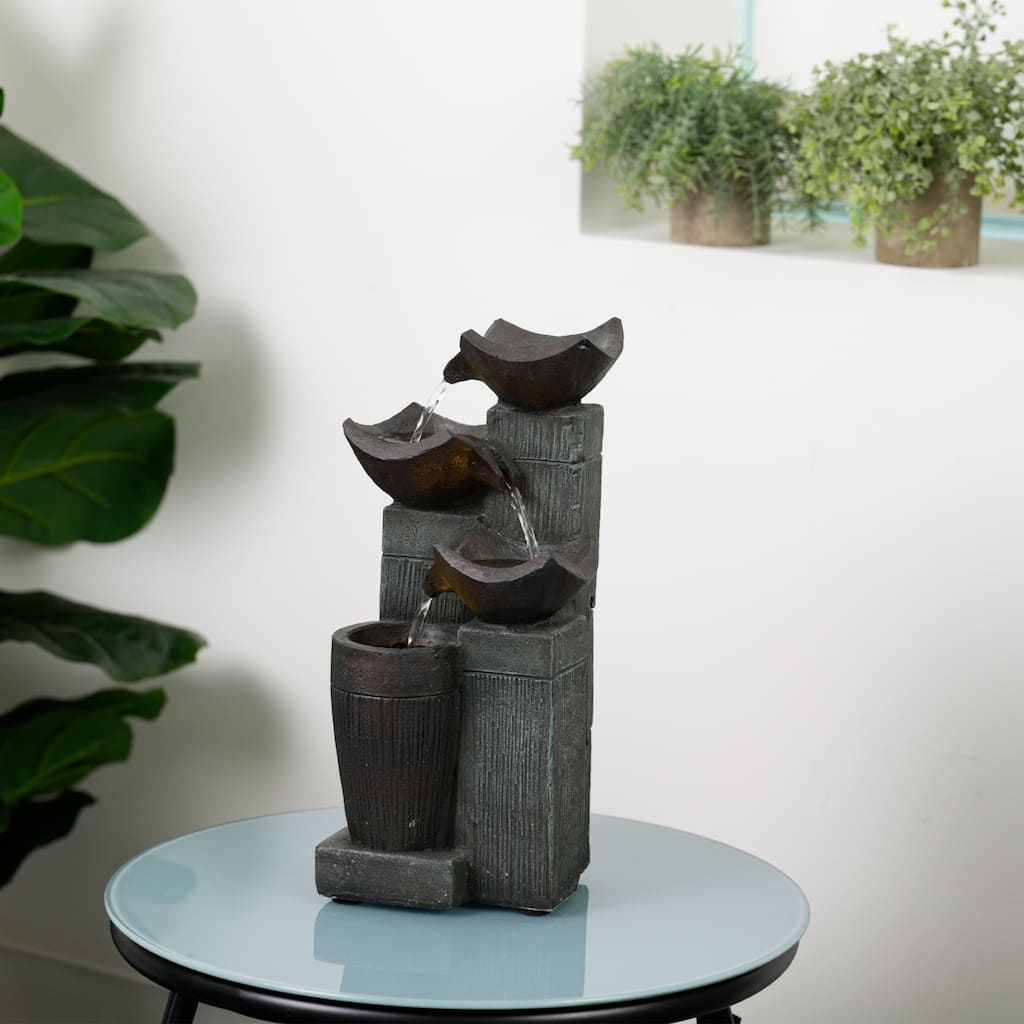 Alpine Corporation TZL414 14" 4 Tier Squared Bowls Fountain with LED Lights for Home, Office, and Desk Decor, Grey