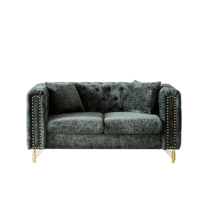 Modern 60-Inch Chenille Sofa, Chesterfield Pull-Buckle Design with Copper Nail Decor, Upholstered 2-Seater Couch