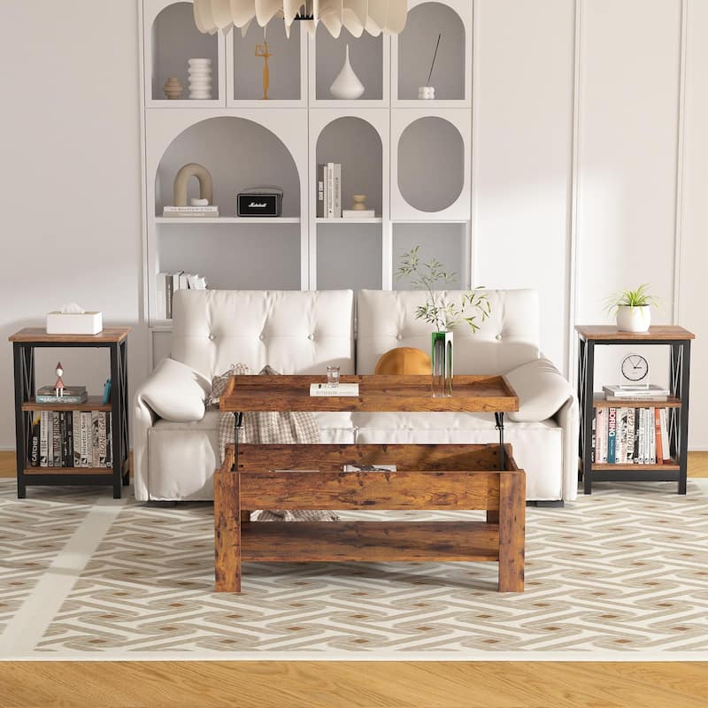 VECELO 3-piece Lift Top Coffee Table Set,Coffee Table with Hidden Storage and Shelves and Nightstands Set of 2 - Brown Set