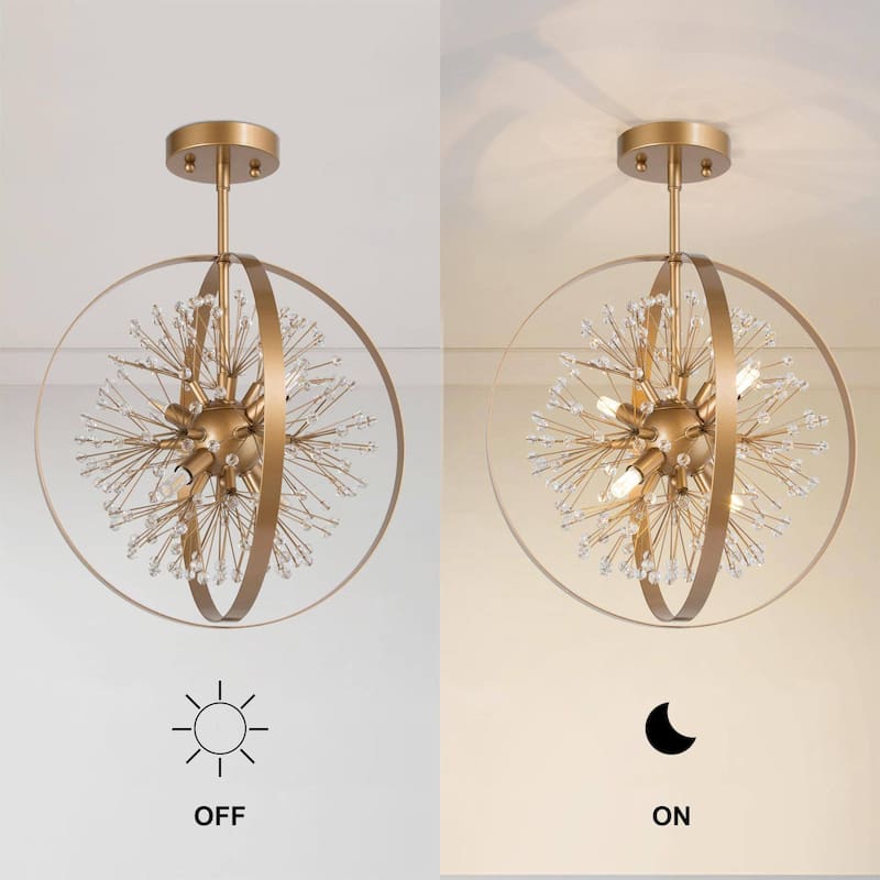 Mid-Century Modern Art Crystal 4-light Globe Semi-flush Mount Light for Foyer - D 15'' x H 20''