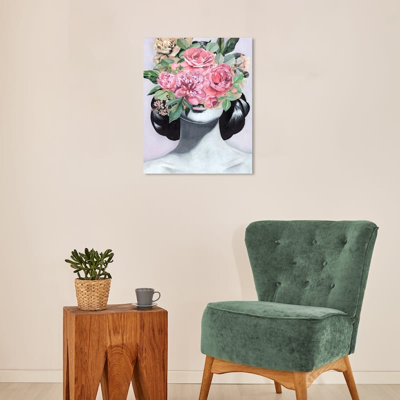 Wynwood Studio Fashion and Glam Girl with flowers Pink and Traditional Wall Art Canvas Print - 20 x 16