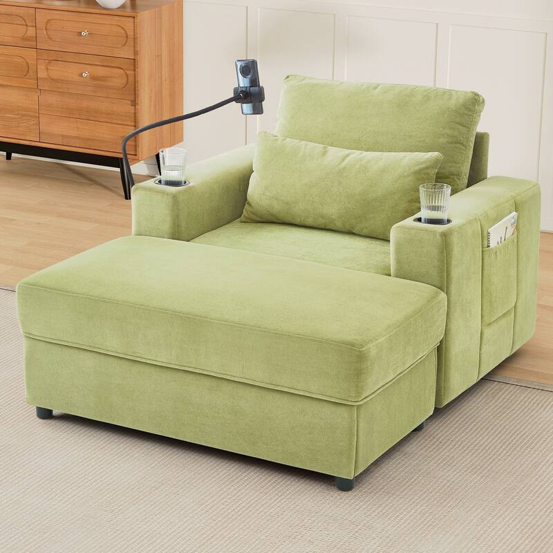 Modern Style Armchair 42.5" Chaise Lounge Sofa Couch with a Movable Storage Ottoman, Two USB Ports, Two Cup Holders