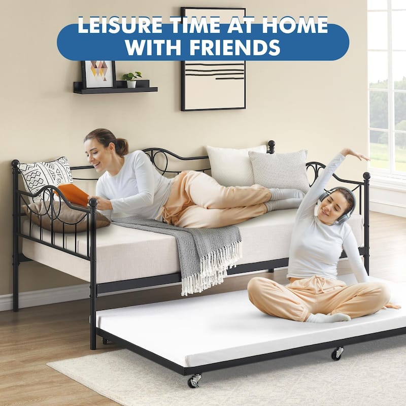 Daybed with Trundle Metal Guest Bed Frame Strong