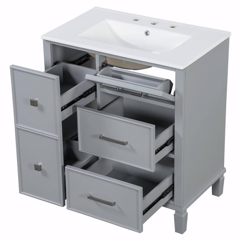 30" Bathroom Vanity with Ceramic Sink, Flip-Out Plumbing Drawer, Soft Close Doors & Drawers