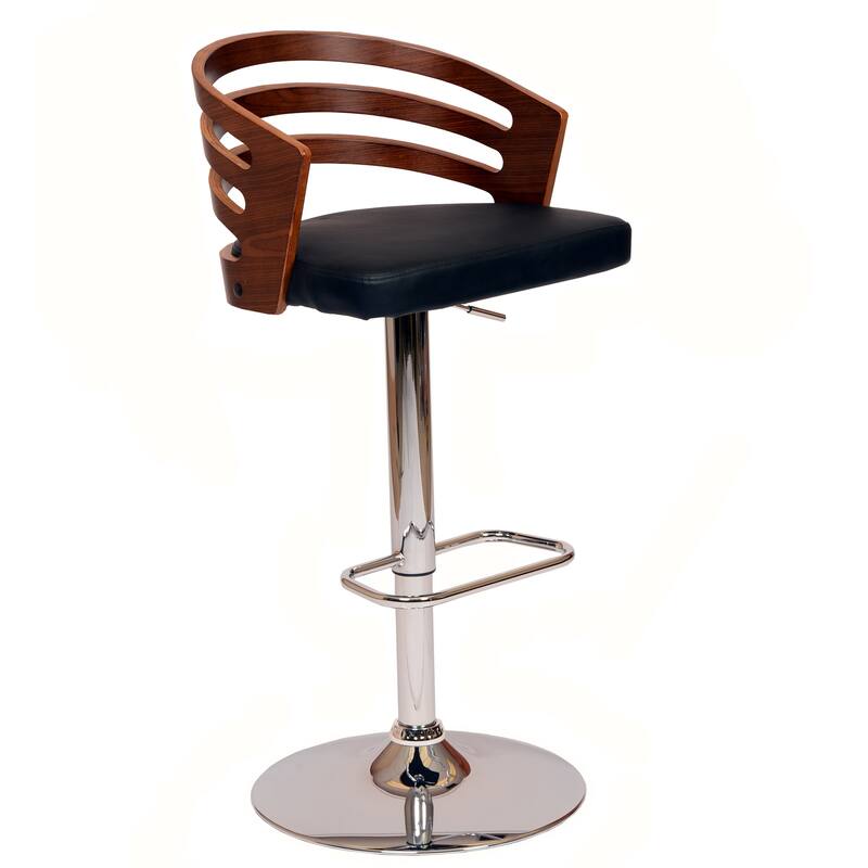 Adele Walnut Wood and Black Upholstered Swivel Bar or Counter Height Adjustable Bar Stool