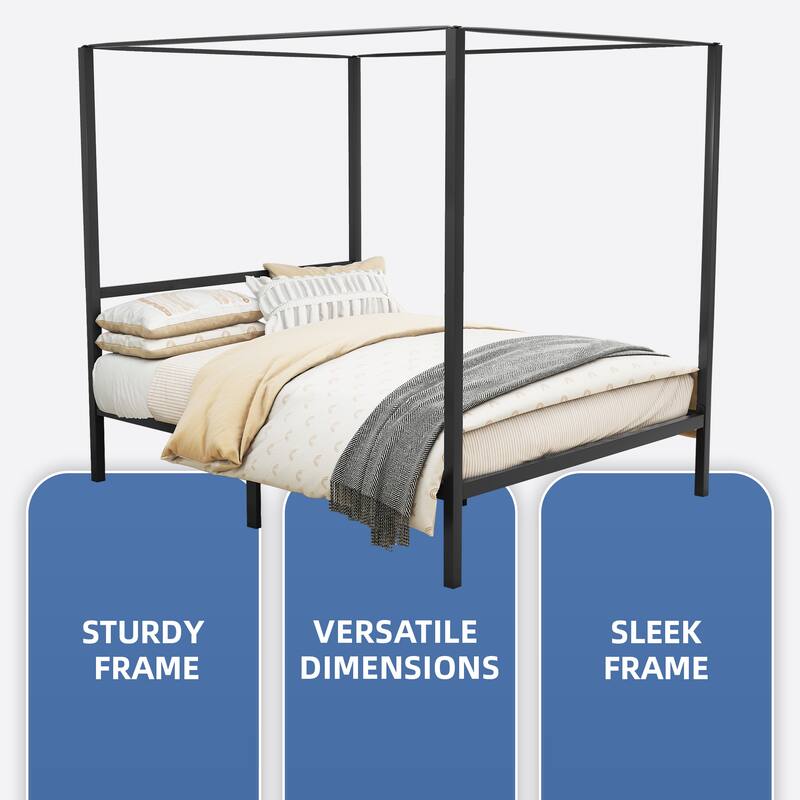 Moasis Black Canopy Bed Frame King, Four Poster Bed with Charge Station & Star-Shaped LED Light, 14 Inch Platform