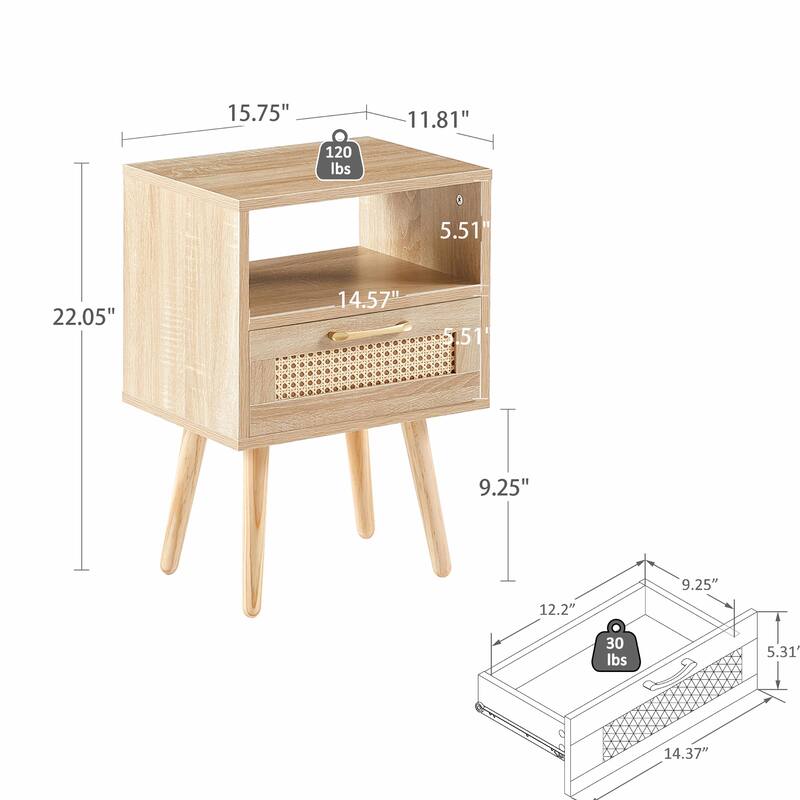 Rattan Nightstand with Drawer, Solid Wood Legs, 16"" Side Table