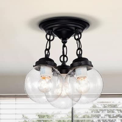 Abver Matte Black 3-Light Clear Glass Globe Semi-Flush Mount