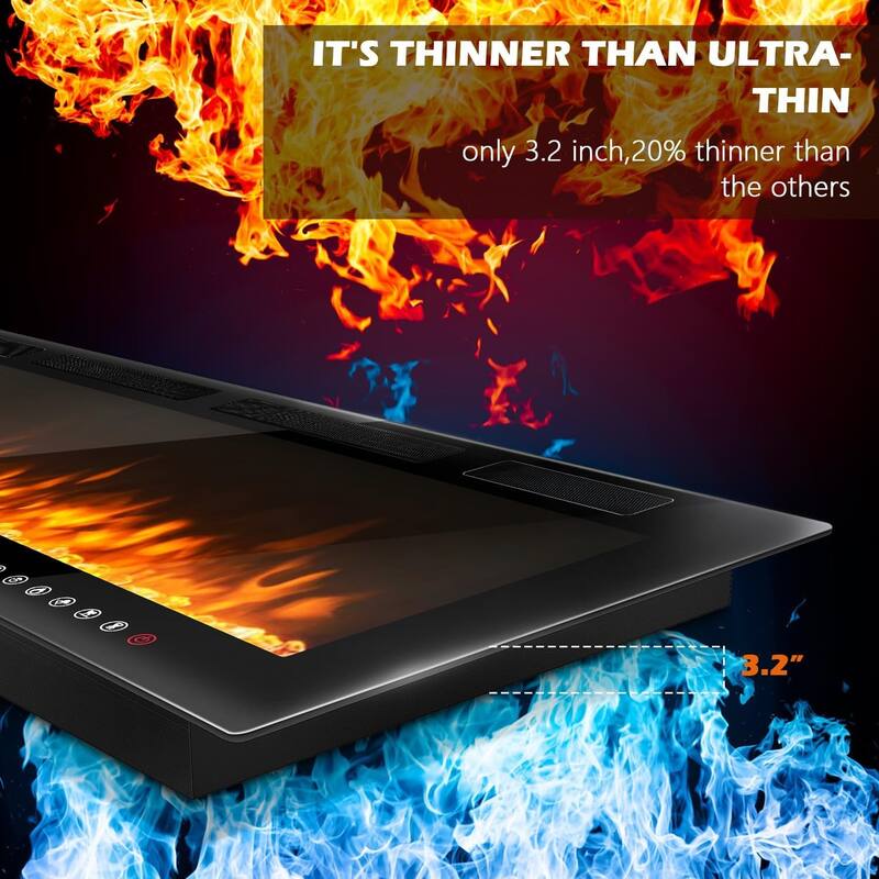 BOSSIN Electric Fireplace - Recessed or Wall Mounted Heater, 750/ 1500W, Adjustable Flame, Remote & Touch Control, Timer