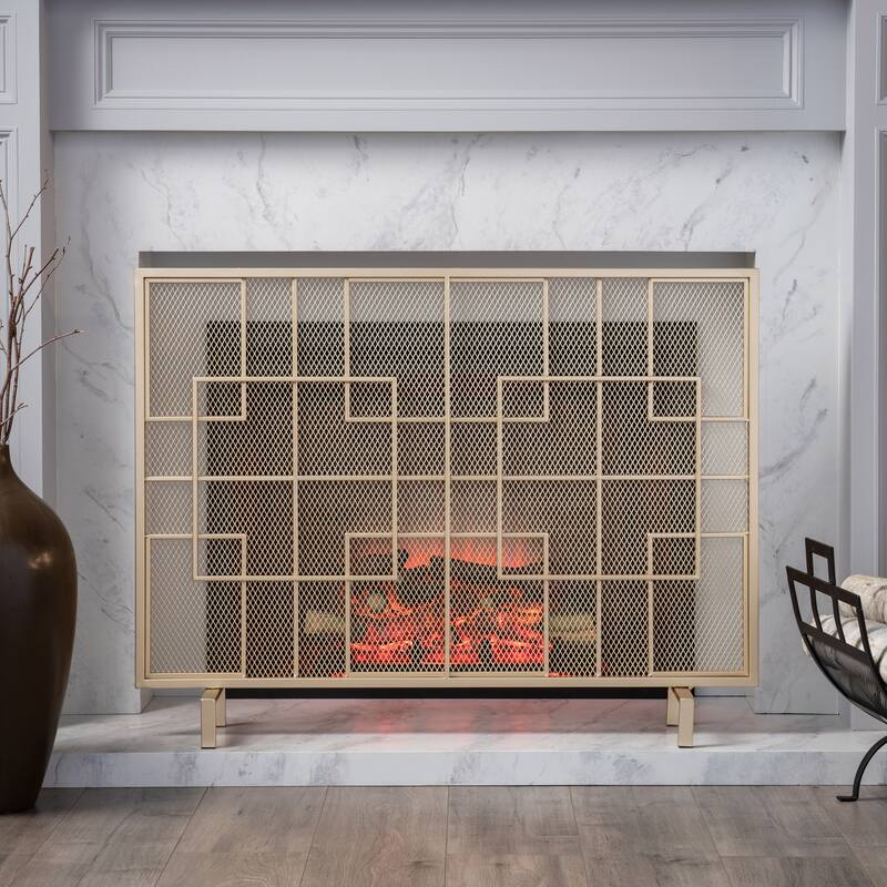 Contemporary Iron Fireplace Screen with Geometric Pattern