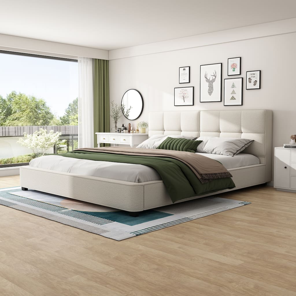 Luxury King Boucle Upholstered Platform Bed, Curved Tufted Headboard, Soft Edges, Beige