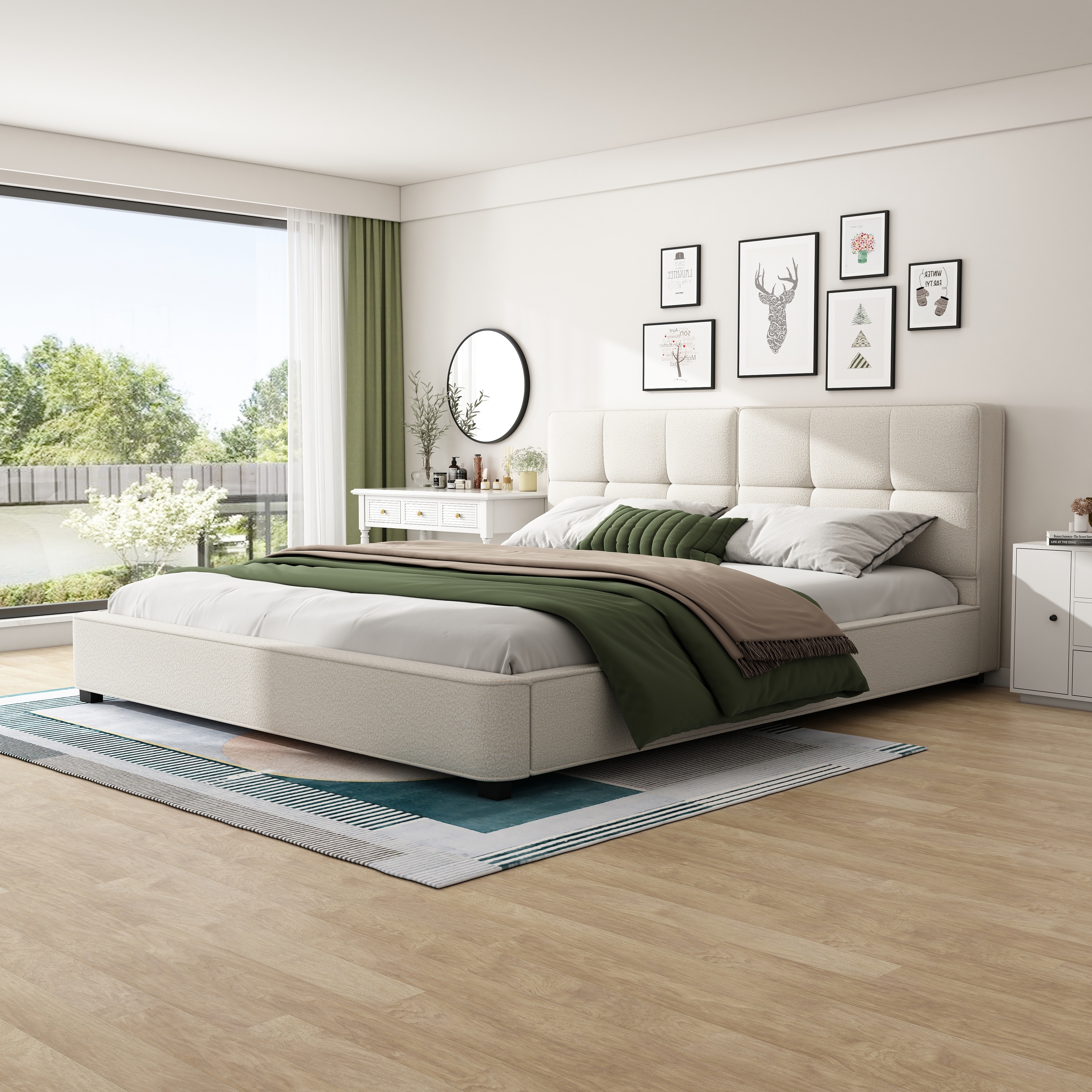 Roomfitters King Size Boucle Upholstered Platform Bed with Curved Tufted Headboard and Soft Corners, Beige
