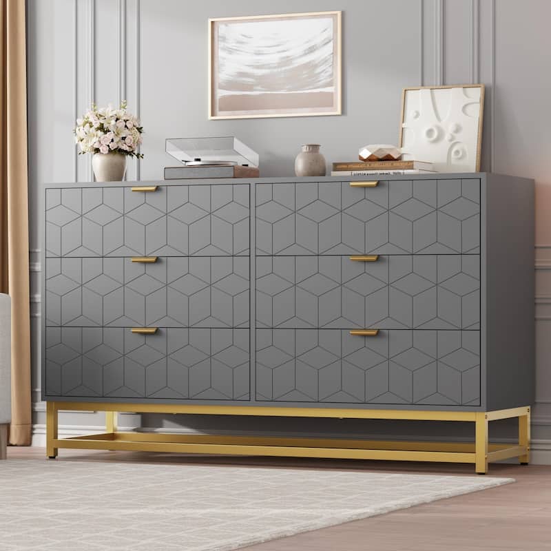 53.5" Modern 6-Drawer Dresser with Metal Legs, Wide Storage Chest of Drawers for Bedroom, Living Room, Entryway