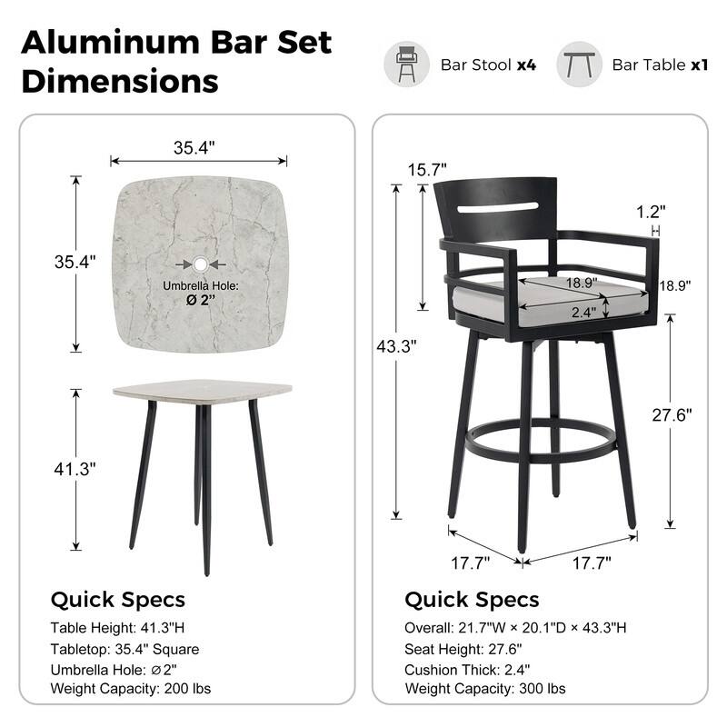 Outdoor Patio Bar Height Dining Set with Swivel Aluminum Bar Stool and Marble Patterned Dining table - N/A