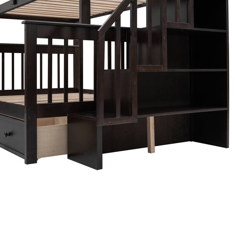 Twin-Over-Full Bunk Bed with Stairway Drawer, Storage, and Guard Rail for Bedroom or Dorm
