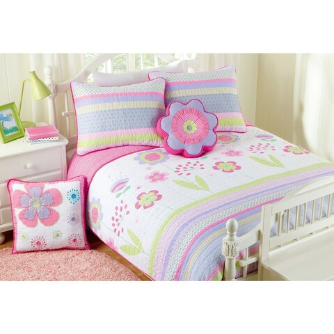 Cozy Line Pink Blossom Cotton Reversible Quilt Set With Decorative Pillows