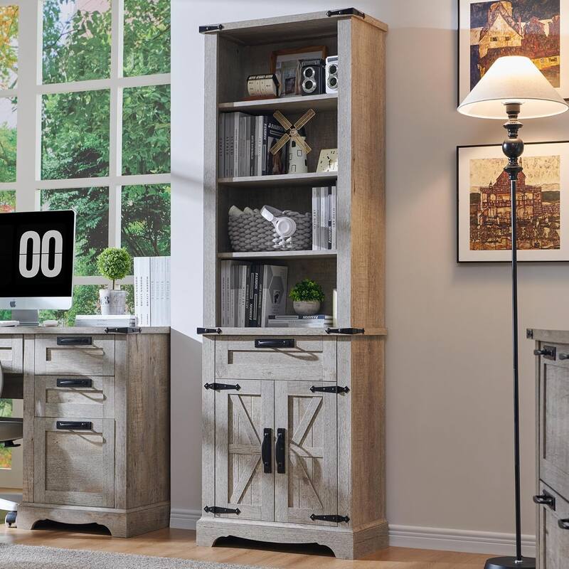 72" Tall Farmhouse Bookshelf, Bookcase, Office Wood Bookshelf - Light Rustic Oak