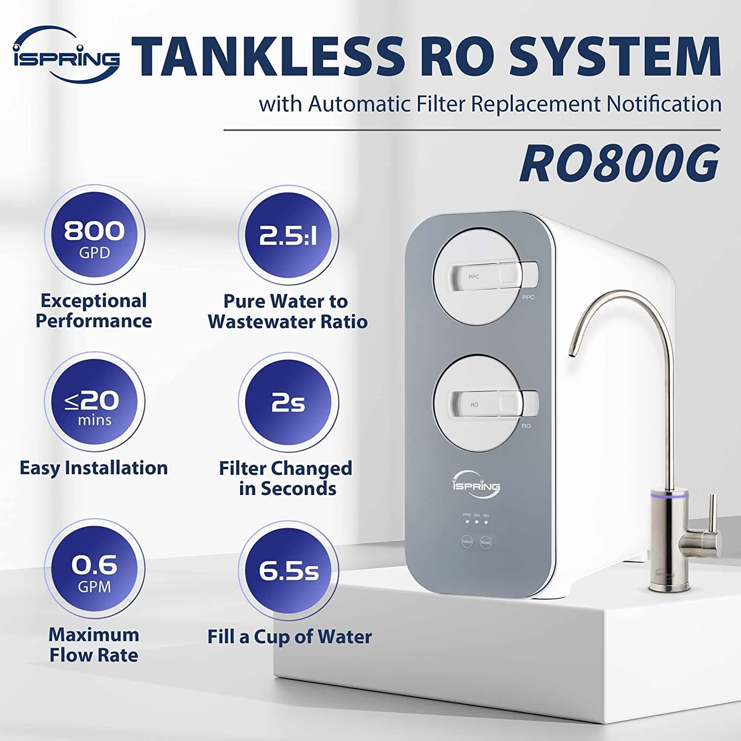 iSpring Under Sink Reverse Osmosis Tankless Water Filtration System,800