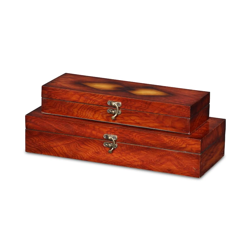 Brown Wooden Burlwood Veneer Diamond Design Storage Boxes (Set of 2)