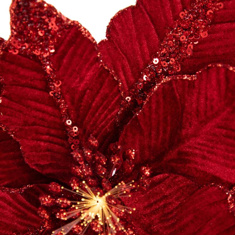 20" Lighted Red Glittered Velvet Christmas Poinsettia Floral Pick - 20