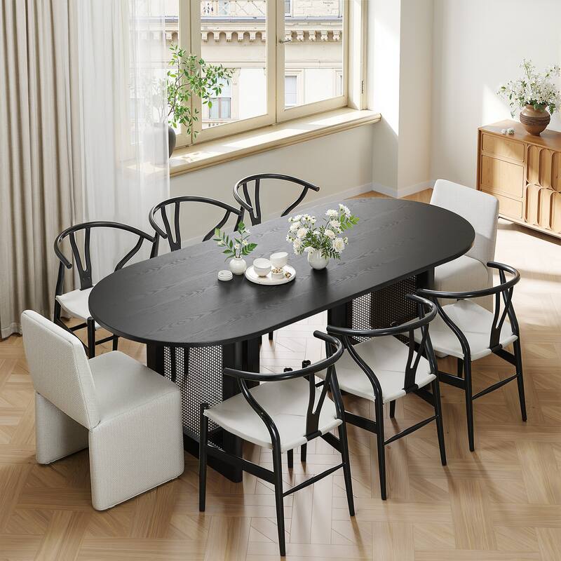 79" Dovelina Oval Dining Table with Rattan Double Pedestal for 8 People