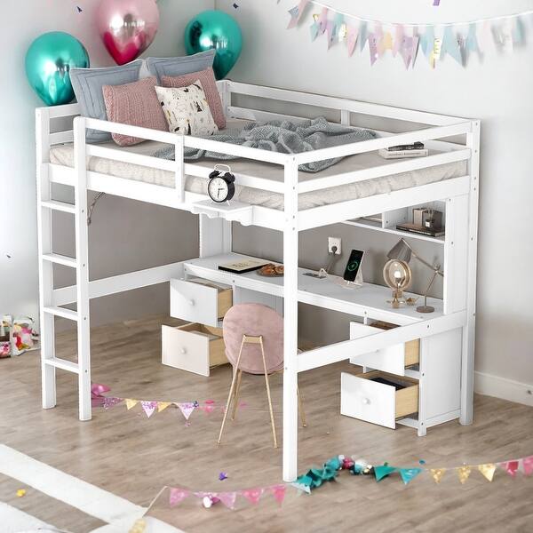 slide 2 of 17, Full Size Loft Bed With Desk,Cabinets,Bedside Tray,Charging Station White