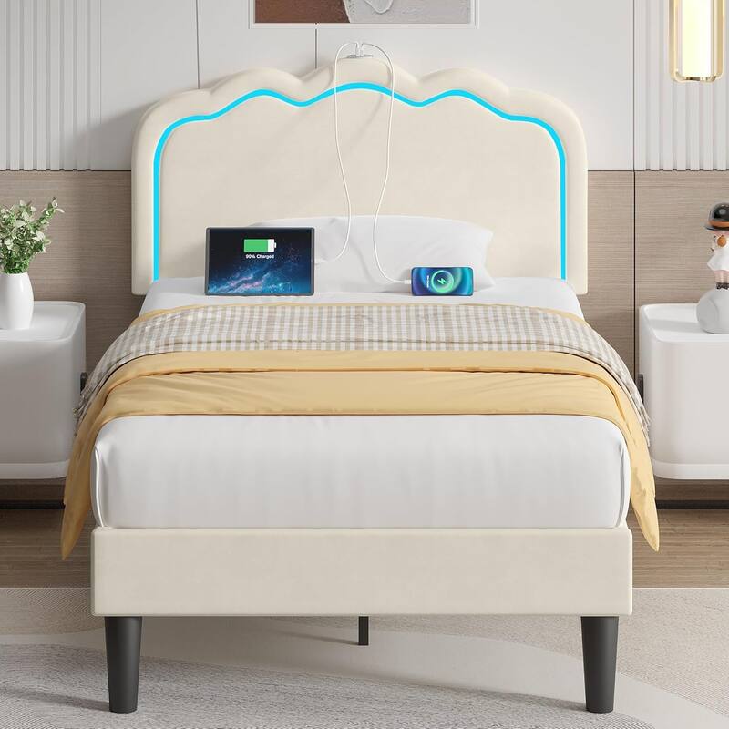 VECELO Upholstered Bed Frame with Headboard Adjustable,LED Lights, USB-A & Type-C,Velvet Platform Bed No Box Spring Needed